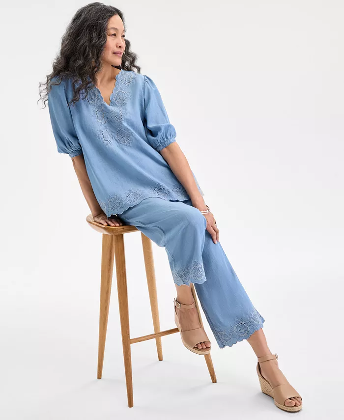 Alfani Style & Co Eyelet-Embroidered Top Cropped Pants & Wedge Sandals Exclusively At Macy's Women's Fashion Shoes & Accessories
