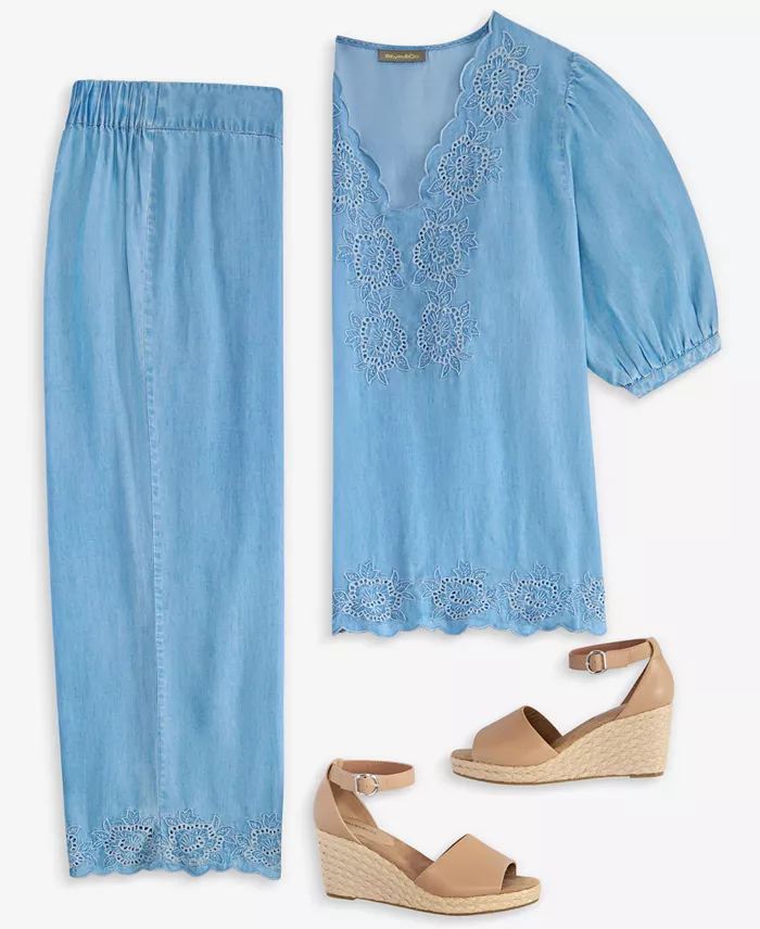 Alfani Style & Co Eyelet-Embroidered Top Cropped Pants & Wedge Sandals Exclusively At Macy's Women's Fashion Shoes & Accessories
