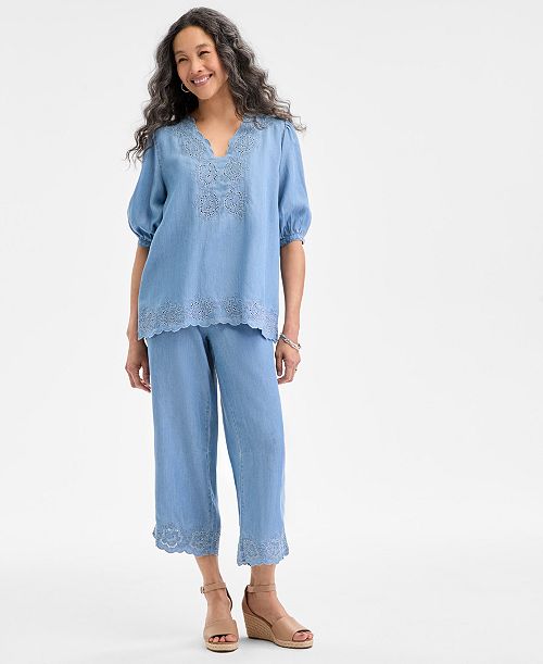 alfani Style & Co Eyelet-Embroidered Top Cropped Pants & Wedge Sandals Exclusively at Macy's Women's Fashion Shoes & Accessories