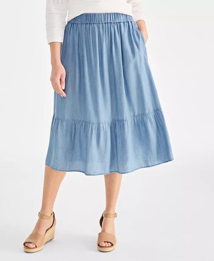 Alfani Style & Co Petite Chambray Tiered Midi Skirt Exclusively At Macy's Women's Fashion Shoes & Accessories