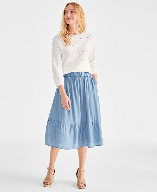 alfani Style & Co Petite Chambray Tiered Midi Skirt Exclusively at Macy's Women's Fashion Shoes & Accessories
