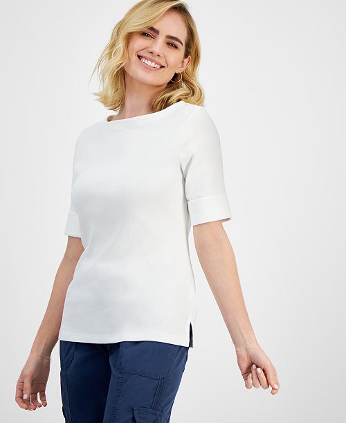 alfani Style & Co Petite Cotton Elbow-Sleeve Boat-Neck Top Exclusively at Macy's Women's Fashion Shoes & Accessories