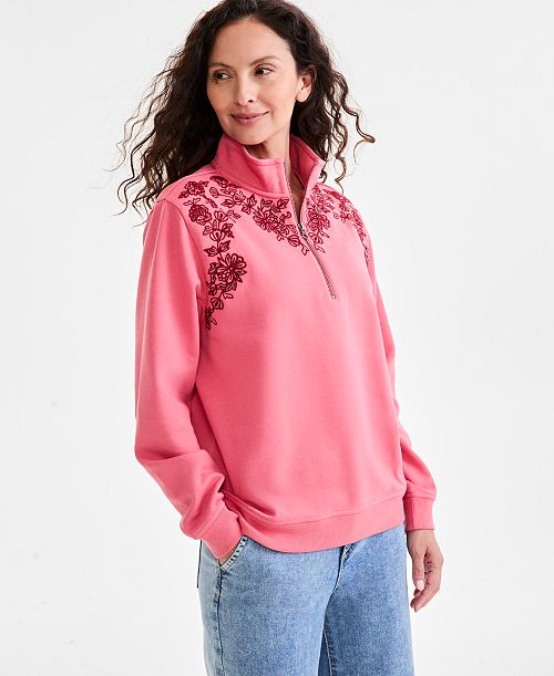 alfani Style & Co Petite Embroidered Fleece Mock-Neck Top Exclusively at Macy's