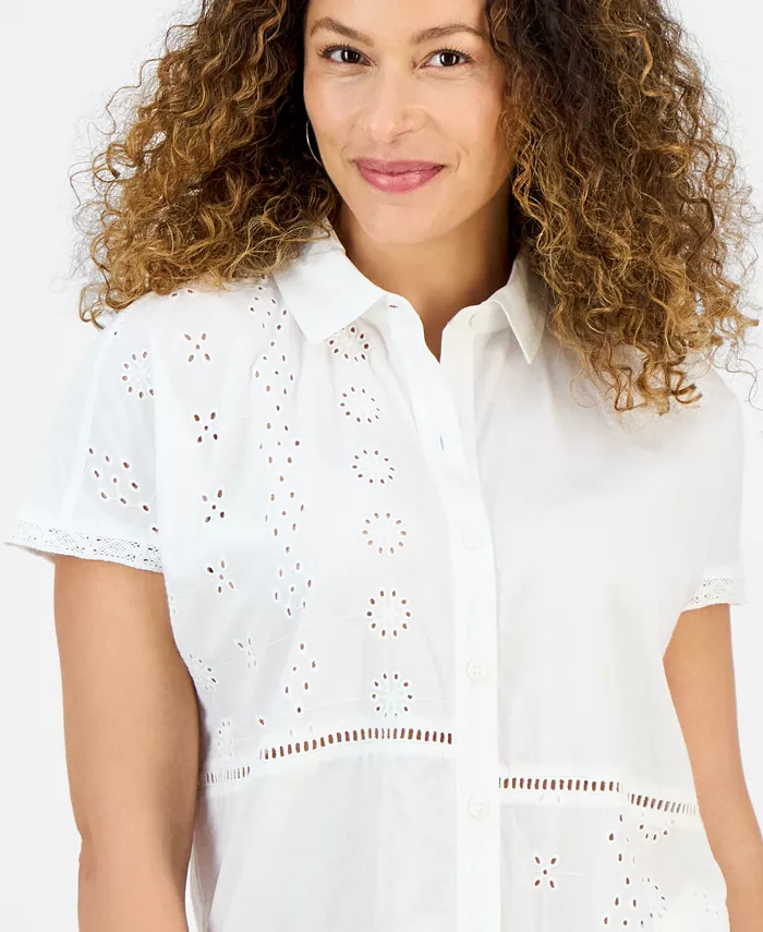 Alfani Style & Co Petite Eyelet-Detail Cotton Camp Shirt Exclusively At Macy's Women's Fashion Shoes & Accessories