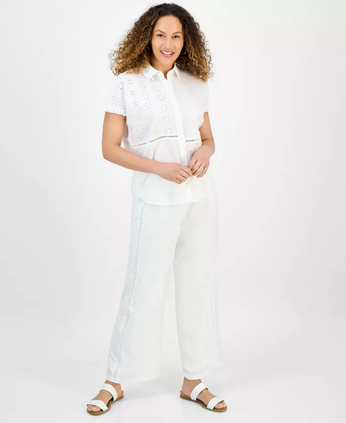 Alfani Style & Co Petite Eyelet-Detail Cotton Camp Shirt Exclusively At Macy's Women's Fashion Shoes & Accessories