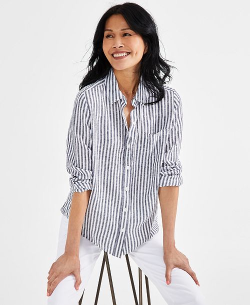 alfani Style & Co Petite Linen Blend Beach Stripe Perfect Shirt Created for Macy's Women's Fashion Shoes & Accessories