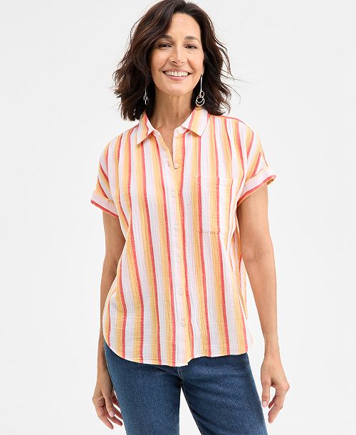 alfani Style & Co Petite Printed Button-Front Cotton Camp Shirt Exclusively at Macy's Women's Fashion Shoes & Accessories