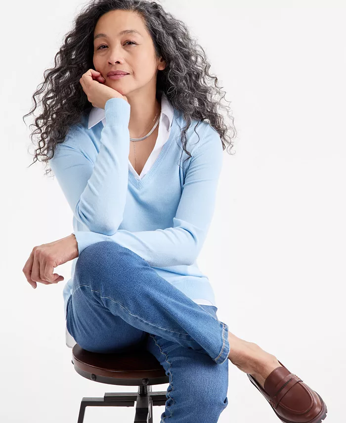 Alfani Style & Co Petite Two For One V-Neck Pullover Sweater Created For Macy's Women's Fashion Shoes & Accessories