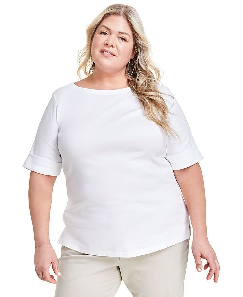 alfani Style & Co Plus Size Boat-Neck Elbow Sleeve Cotton Top Exclusively at Macy's Women's Fashion Shoes & Accessories