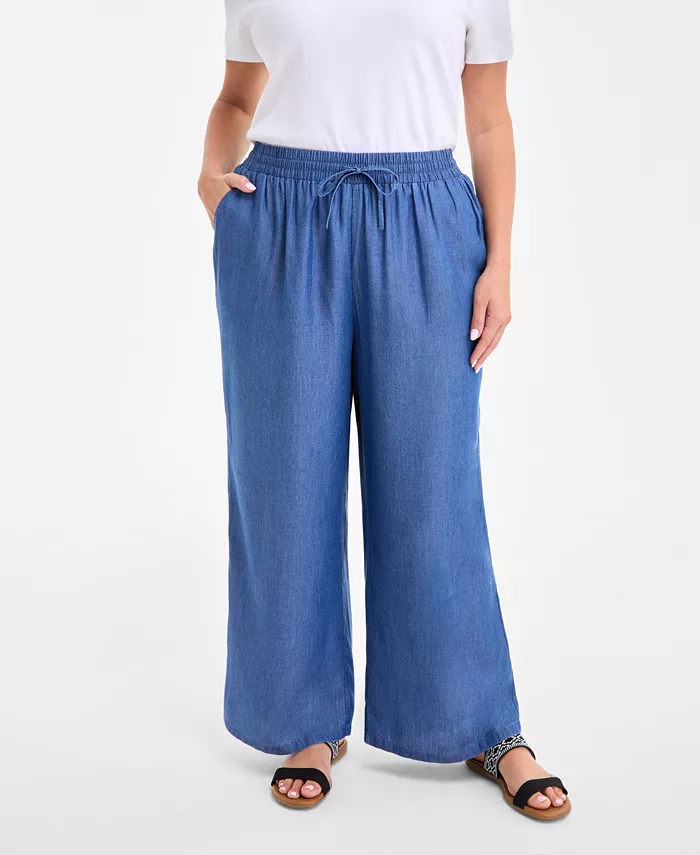 Alfani Style & Co Plus Size Chambray Drawstring High-Rise Wide-Leg Pants Exclusively At Macy's Women's Fashion Shoes & Accessories