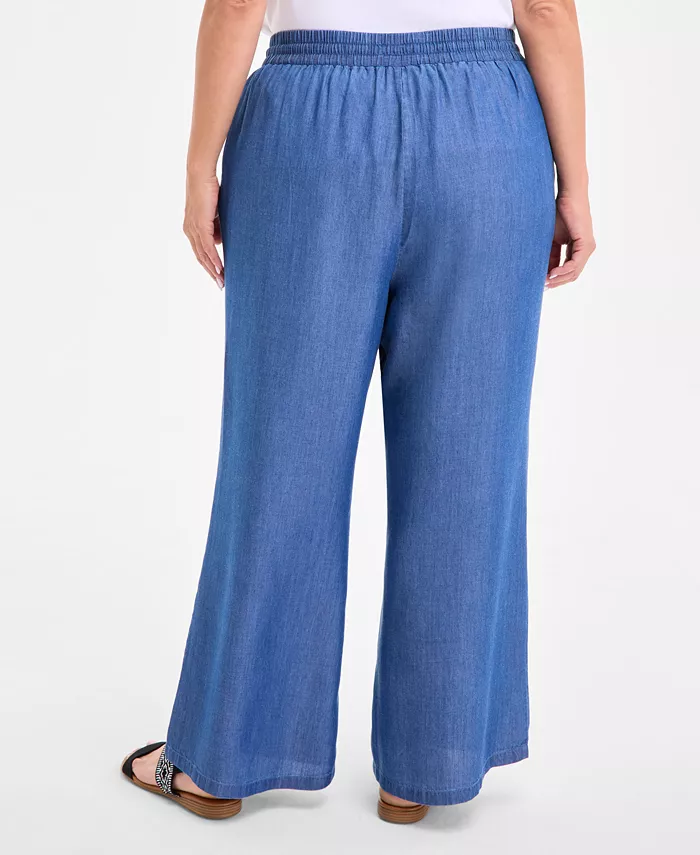 Alfani Style & Co Plus Size Chambray Drawstring High-Rise Wide-Leg Pants Exclusively At Macy's Women's Fashion Shoes & Accessories