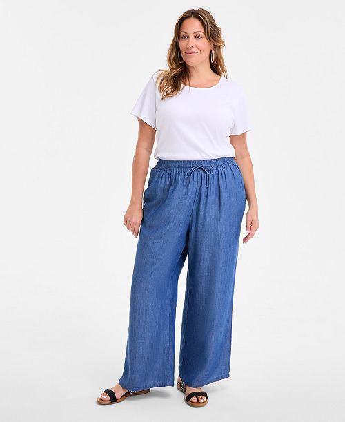 alfani Style & Co Plus Size Chambray Drawstring High-Rise Wide-Leg Pants Exclusively at Macy's Women's Fashion Shoes & Accessories
