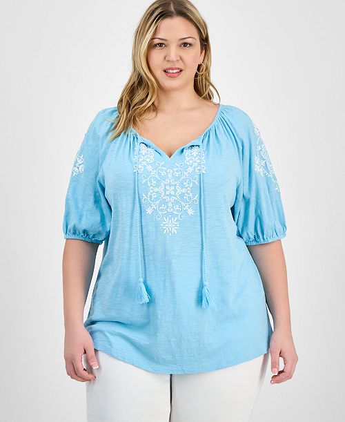 alfani Style & Co Plus Size Embroidered Knit Peasant Top Exclusively at Macy's Women's Fashion Shoes & Accessories