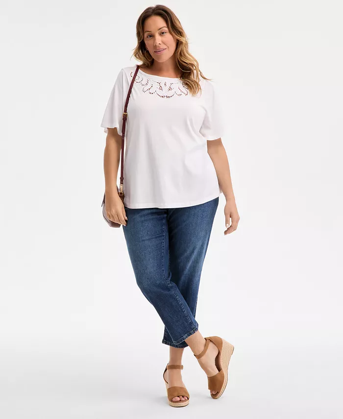 Alfani Style & Co Plus Size Eyelet-Yoke T-Shirt Exclusively At Macy's Women's Fashion Shoes & Accessories