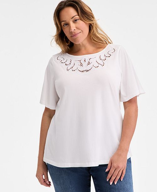 alfani Style & Co Plus Size Eyelet-Yoke T-Shirt Exclusively at Macy's Women's Fashion Shoes & Accessories