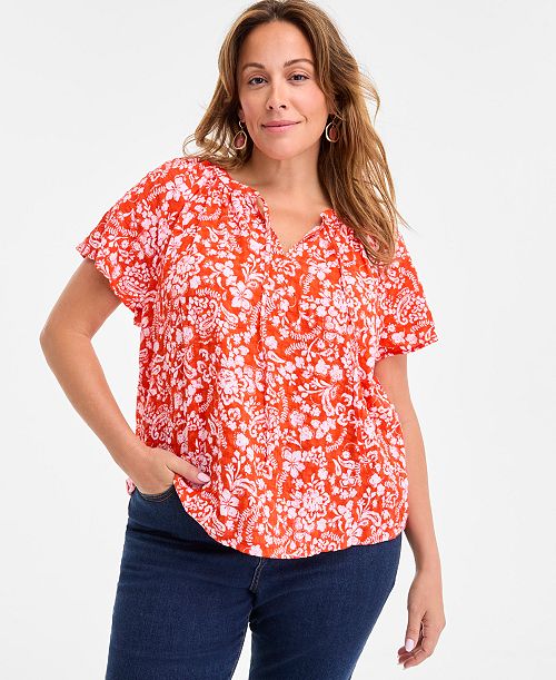 alfani Style & Co Plus Size Printed Flutter-Sleeve Top Exclusively at Macy's Women's Fashion Shoes & Accessories