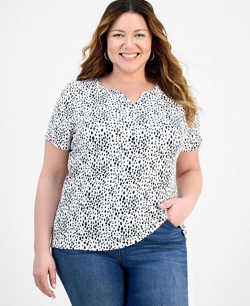 alfani Style & Co Plus Size Printed Henley Short-Sleeve Top Exclusively at Macy's Women's Fashion Shoes & Accessories