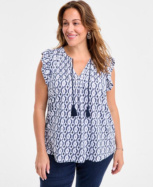 alfani Style & Co Plus Size Printed Ruffle Pintuck Top Exclusively at Macy's Women's Fashion Shoes & Accessories