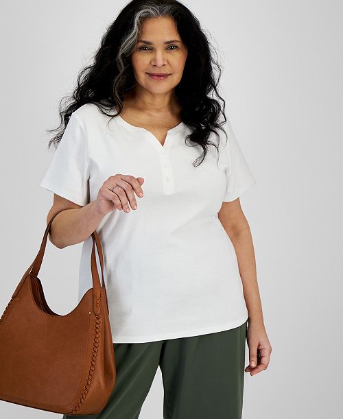 alfani Style & Co Plus Size Short-Sleeve Henley Top Exclusively at Macy's Women's Fashion Shoes & Accessories