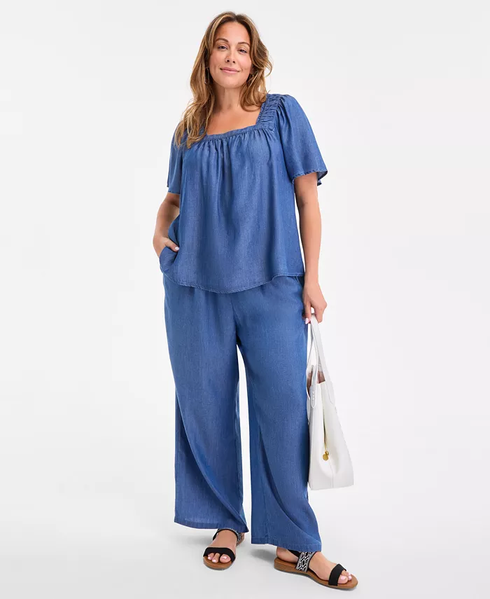 Alfani Style & Co Plus Size Smocked-Square-Neck Short-Sleeve Cotton Top Exclusively At Macy's Women's Fashion Shoes & Accessories