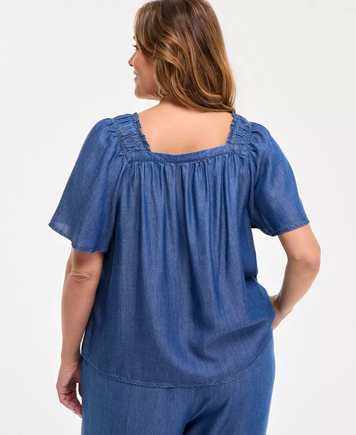 Alfani Style & Co Plus Size Smocked-Square-Neck Short-Sleeve Cotton Top Exclusively At Macy's Women's Fashion Shoes & Accessories