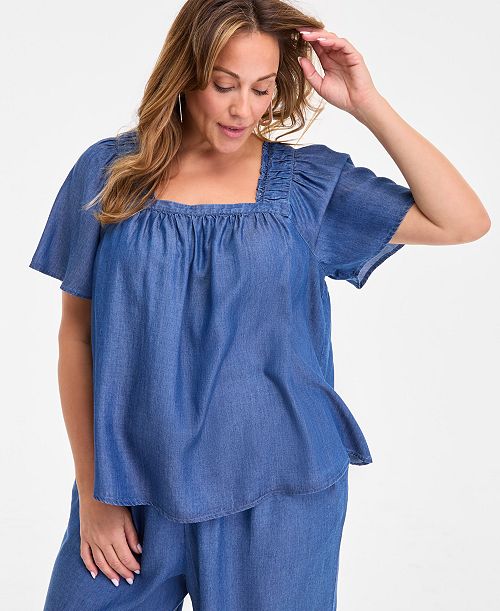 alfani Style & Co Plus Size Smocked-Square-Neck Short-Sleeve Cotton Top Exclusively at Macy's Women's Fashion Shoes & Accessories
