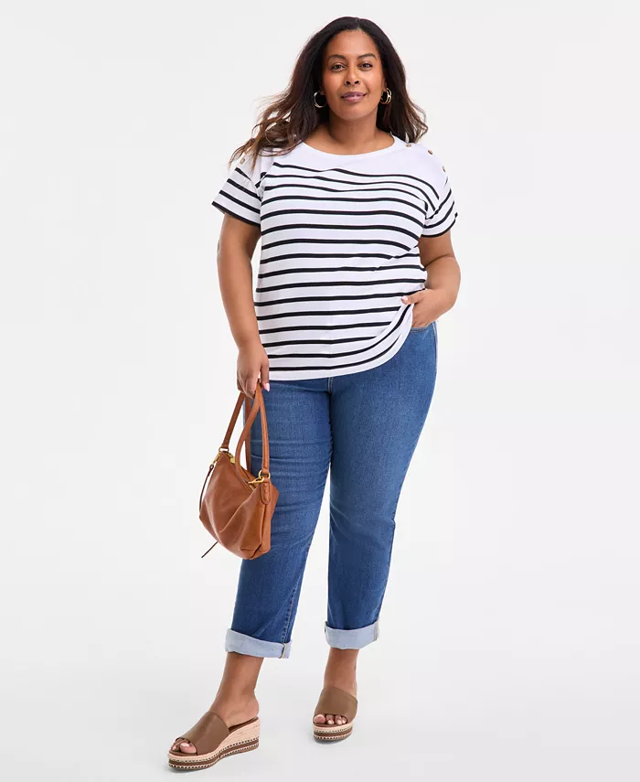 Alfani Style & Co Plus Size Stripe Button-Trim T-Shirt Exclusively At Macy's Women's Fashion Shoes & Accessories