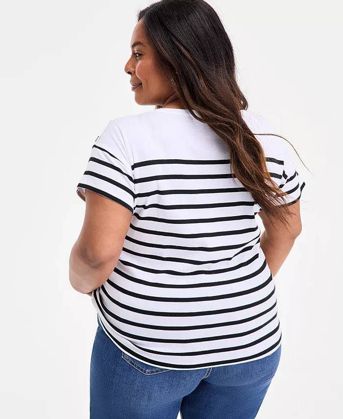 Alfani Style & Co Plus Size Stripe Button-Trim T-Shirt Exclusively At Macy's Women's Fashion Shoes & Accessories