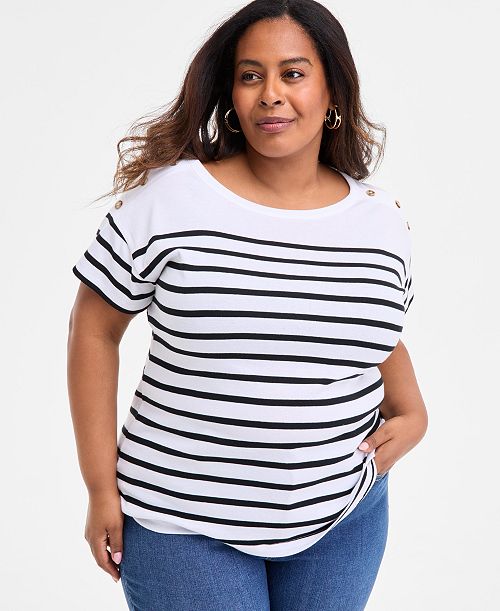 alfani Style & Co Plus Size Stripe Button-Trim T-Shirt Exclusively at Macy's Women's Fashion Shoes & Accessories
