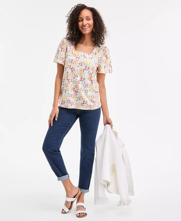 Alfani Style & Co Style& Co Women's Printed Square-Neck Flutter-Sleeve Top Exclusively At Macy's Women's Fashion Shoes & Accessories