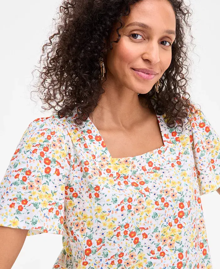 Alfani Style & Co Style& Co Women's Printed Square-Neck Flutter-Sleeve Top Exclusively At Macy's Women's Fashion Shoes & Accessories