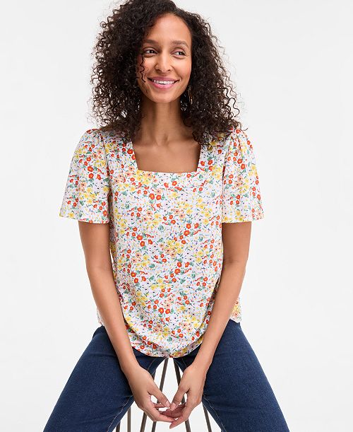 alfani Style & Co Style& Co Women's Printed Square-Neck Flutter-Sleeve Top Exclusively at Macy's Women's Fashion Shoes & Accessories