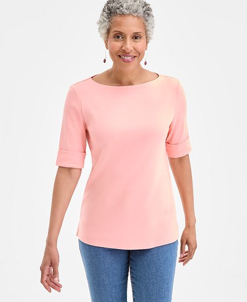 alfani Style & Co Women's Boat-Neck Elbow Sleeve Cotton Top Exclusively at Macy's Women's Fashion Shoes & Accessories
