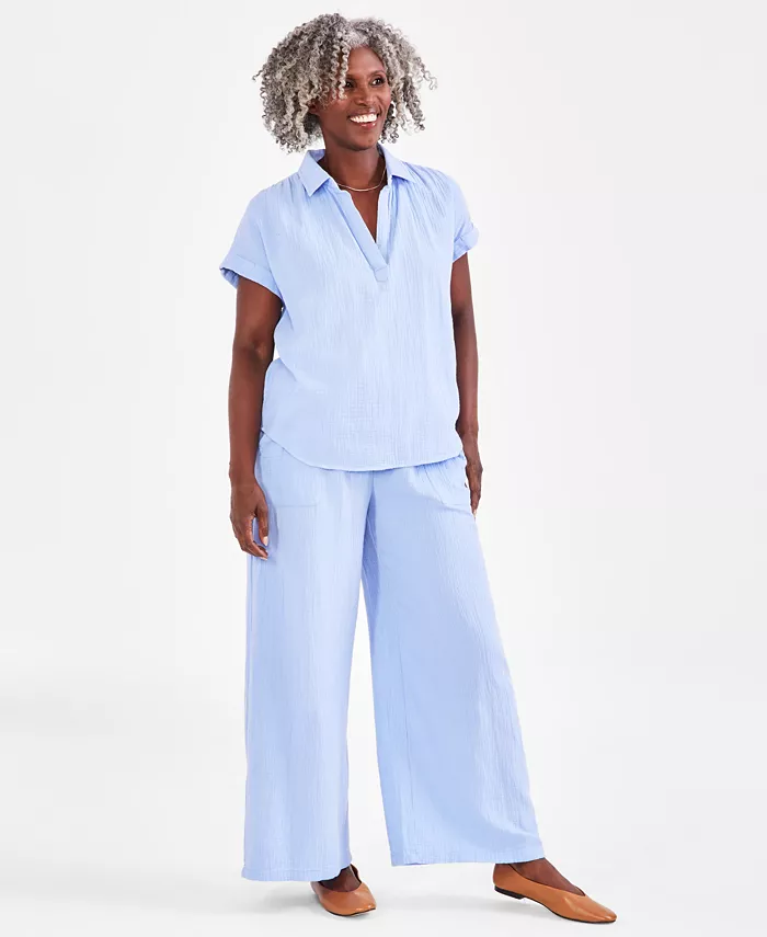 Alfani Style & Co Women's Camp Shirt & Gauze Pants Created For Macy's Women's Fashion Shoes & Accessories