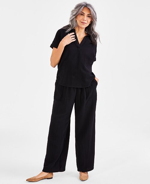 alfani Style & Co Women's Camp Shirt & Gauze Pants Created for Macy's Women's Fashion Shoes & Accessories
