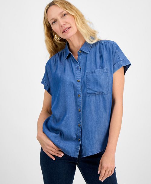 alfani Style & Co Women's Chambray Camp Shirt Exclusively at Macy's Women's Fashion Shoes & Accessories