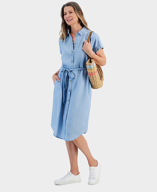alfani Style & Co Women's Chambray Short-Sleeve Shirt Dress Created for Macy's Women's Fashion Shoes & Accessories