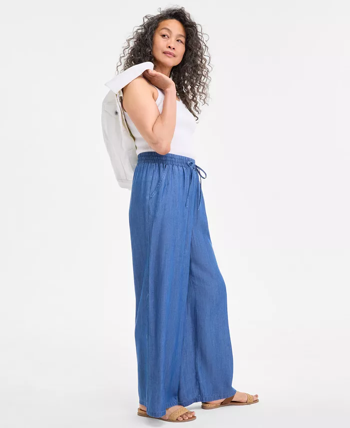 Alfani Style & Co Women's Chambray Wide-Leg Pants Exclusively At Macy's Women's Fashion Shoes & Accessories