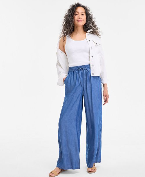 alfani Style & Co Women's Chambray Wide-Leg Pants Exclusively at Macy's Women's Fashion Shoes & Accessories