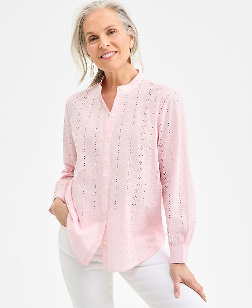 alfani Style & Co Women's Cotton Eyelet-Embroidered Blouse Exclusively at Macy's Women's Fashion Shoes & Accessories