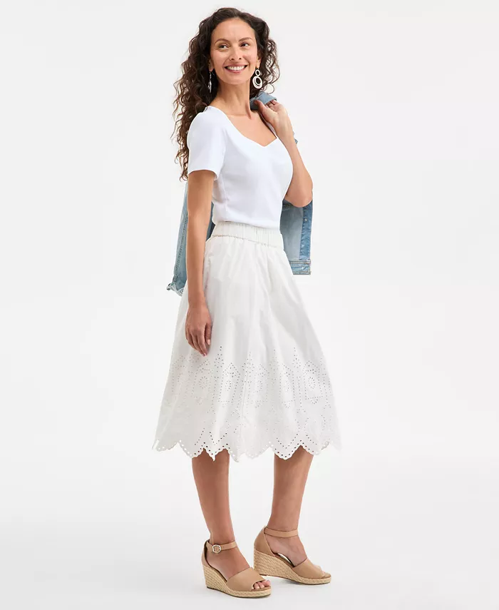 Alfani Style & Co Women's Cotton Eyelet-Embroidered Midi Skirt Exclusively At Macy's Women's Fashion Shoes & Accessories