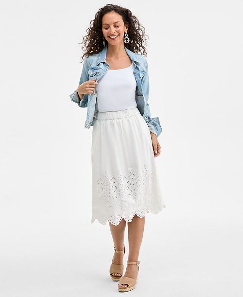 alfani Style & Co Women's Cotton Eyelet-Embroidered Midi Skirt Exclusively at Macy's Women's Fashion Shoes & Accessories