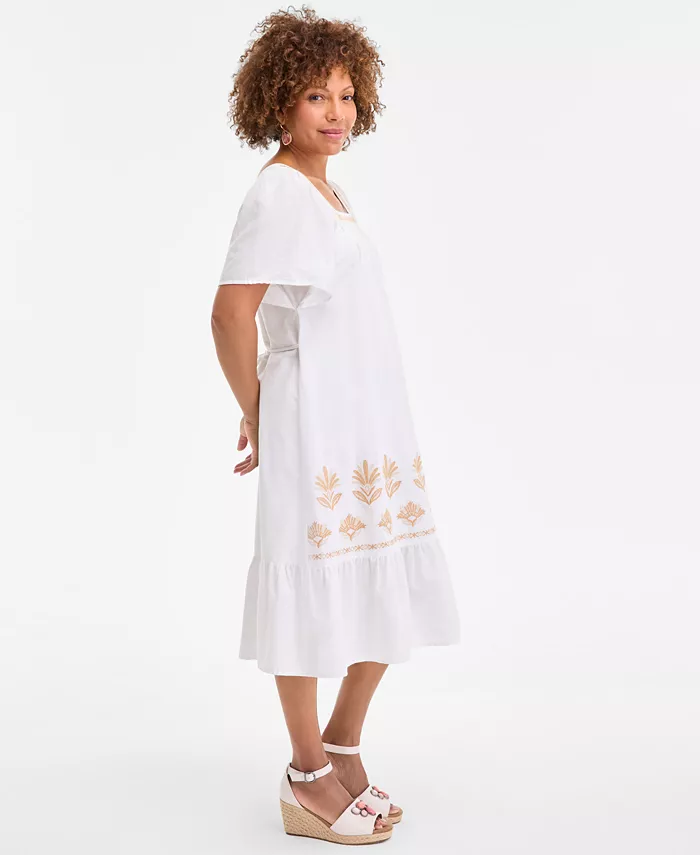 Alfani Style & Co Women's Cotton Gauze Embroidered-Trim Square-Neck Midi Dress Exclusively At Macy's Women's Fashion Shoes & Accessories