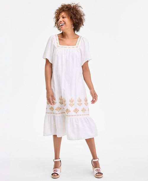 alfani Style & Co Women's Cotton Gauze Embroidered-Trim Square-Neck Midi Dress Exclusively at Macy's Women's Fashion Shoes & Accessories