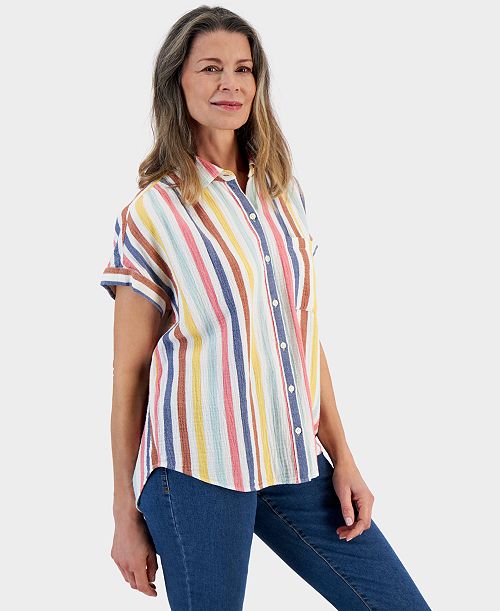 alfani Style & Co Women's Cotton Gauze Short-Sleeve Button Up Shirt Created for Macy's Women's Fashion Shoes & Accessories