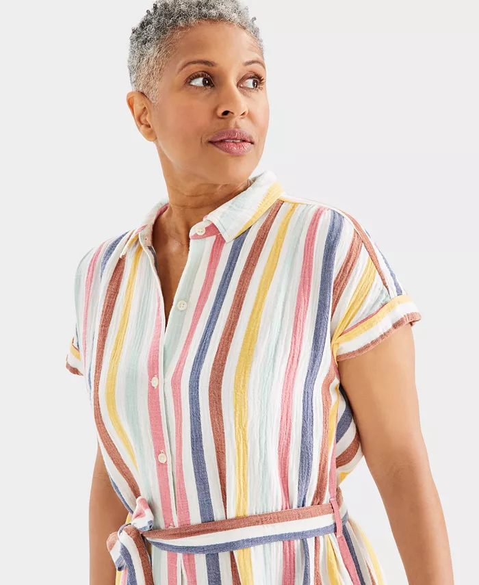 Alfani Style & Co Women's Cotton Gauze Short-Sleeve Shirt Dress Created For Macy's Women's Fashion Shoes & Accessories