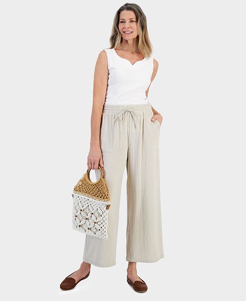 alfani Style & Co Women's Cotton Gauze Wide-Leg Pants Created for Macy's Women's Fashion Shoes & Accessories