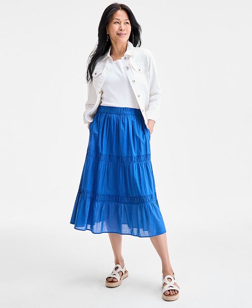 alfani Style & Co Women's Cotton Lace Pull On Tiered Skirt Exclusively at Macy's Women's Fashion Shoes & Accessories