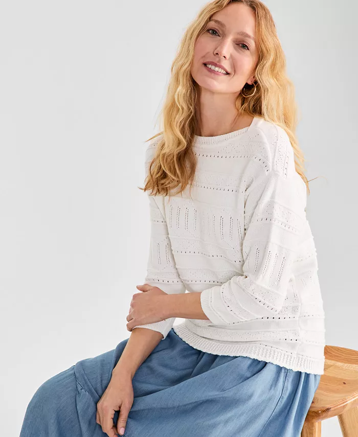 Alfani Style & Co Women's Cotton Mixed-Stitch Pointelle Sweater Exclusively At Macy's Women's Fashion Shoes & Accessories