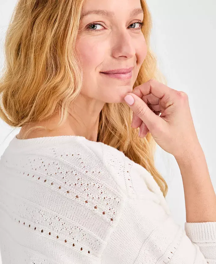 Alfani Style & Co Women's Cotton Mixed-Stitch Pointelle Sweater Exclusively At Macy's Women's Fashion Shoes & Accessories